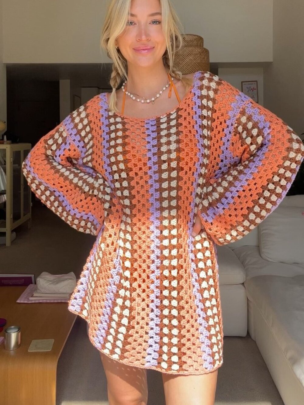 VRG GRL Myra Crochet Mini Dress - Apricot - Size Small